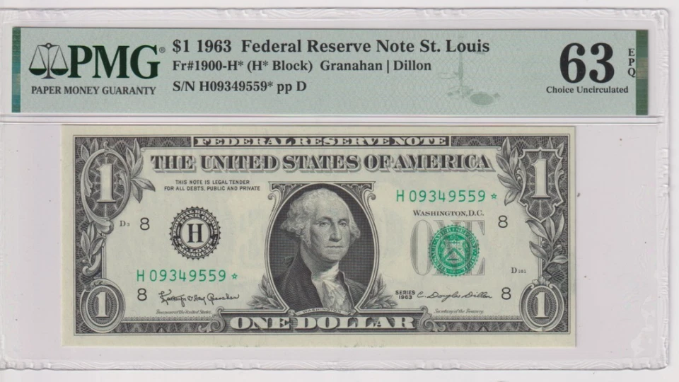 Fr 1900-H* STAR 1963 $1 FRN H09349559* bp 567 PMG 63EPQ ST LOUIS NON MULE - Image 1 of 2