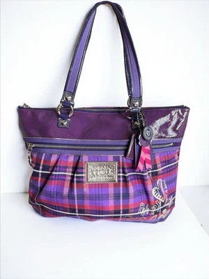 Y2k Coach Poppy Canvas Purple Tartan Plaid Glam Graffiti Tote Shoulder Bag Purse - Image 1 of 4