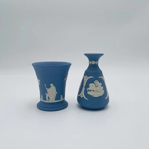 Vintage Wedgwood Blue Jasper Ware Bud Trumpet Vases Cupid Lot Of 2 - Picture 1 of 9