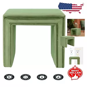 Stylish Channel Tufted Ottoman in Green Velvet - Versatile Home Footstool - Picture 1 of 11