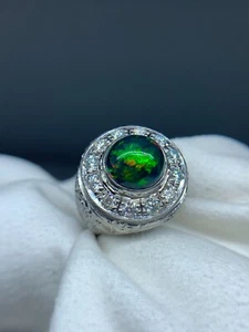 Natural 4.2 Ct Black Opal In Gents Hand Made SIlver Ring WIth Moissanite Rhodium - Picture 1 of 13