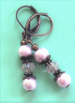 Pendiente rosa SHELL PEARL AB CRISTAL ROSA COBRE PALANCA hecho a mano  Foto 1 de 3