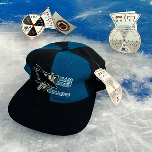 Vintage San Jose Sharks Pin Wheel Snapback Hat NHL Hockey 90s Starter New Tags - Picture 1 of 8