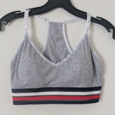 Tommy Hilfiger 灰色罗纹运动文胸 带赛车背,红色白色和蓝色装饰 — 第 1/4 张图片