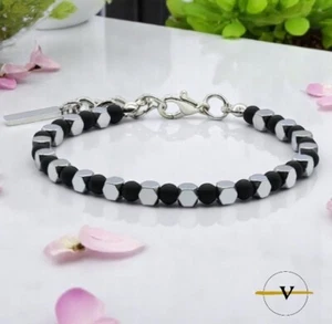 BRACCIALE UOMO PIETRE OSSIDIANA NERA  DURE NATURALI  ACCIAIO INOSSIDABILE - Foto 1 di 3