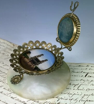 Antique French Eglomise Grand Tour Souvenir Pocket Watch Stand, Saint-Sulpice  - Image 1 of 4