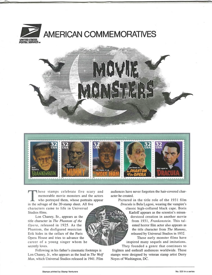 USPS COMMEMORATIVE PANEL #525 MOVIE MONSTERS-MNH STRIP OF 5 - Image 1 of 1