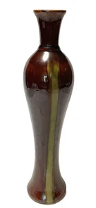 Jarrón de cerámica MCM, pan de jengibre marrón, 19" de alto, rayas de cepillo verde/dorado - Imagen 1 de 7