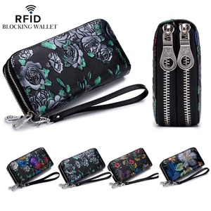 Cartera de muñeca para mujer de cuero genuino con cremallera alrededor organizador de tarjetas telefónicas - Imagen 1 de 22