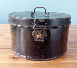 Antique Victorian Black Metal Hatbox Hat Box Suitcase Storage Military - Picture 1 of 11
