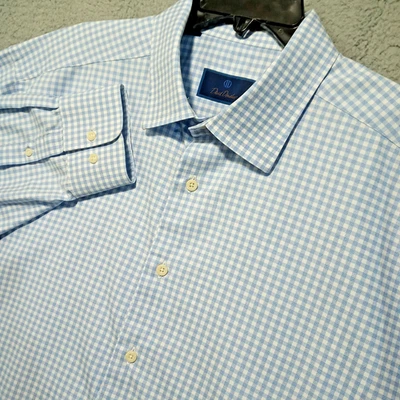 David Donahue Shirt Mens Button Up Long Sleeve Blue Check 18.5 34/35 Big Cotton - Image 1 of 4