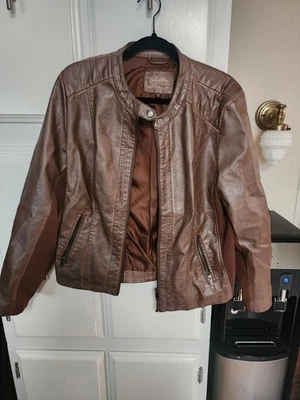 Chaqueta de moto de cuero sintético para mujer Sebby Collection, marrón montura, lados tejidos, XL Foto 1 de 4