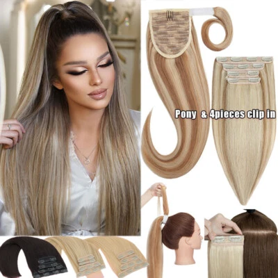 100% Real Remy половина вверх половина вниз хвост 4 изделия зажим в волосы расширения утки - Изображение 1 из 4