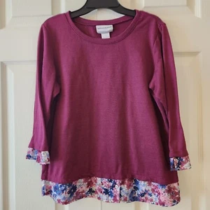 Alfred Dunner Petite Small PS Purple Top W/ Floral Trim Hem & Sleeves - Picture 1 of 8