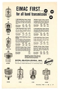 Anuncio de revista de radioaficionado CQ "EIMAC FIRST...para toda transmisión de banda" (12/60) - Imagen 1 de 1