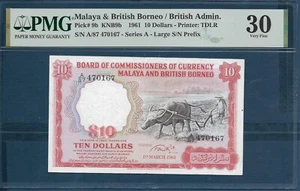 Malaya & British Borneo 10 Dollars, 1961, P 9b / Large Prefix, PMG VF 30 - Picture 1 of 2