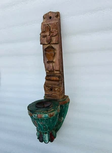 Antique Wooden Fine Hand Carved Green Painted Wall Hanging Bracket Candle Holder - Picture 1 of 5