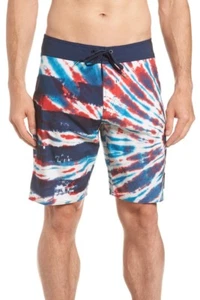 Volcom Men's Peace Sign Stone Red White Blue Tie Dye Board Shorts Patriotic - Picture 1 of 4