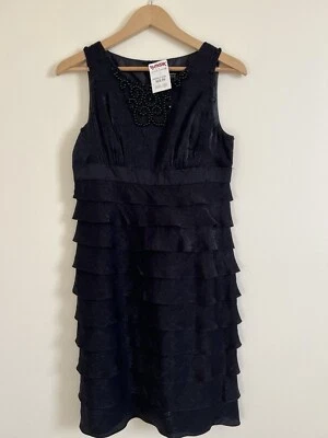 Adrianna Papell Women Black Tiered Sheath Dress 10 Ruffle Shutter Satin Cocktail - Image 1 of 4