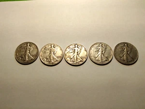 5 Vintage Circulated Walking Liberty Half Dollars-1942, 1943, 1944. 1945, & 1946 - Picture 1 of 13
