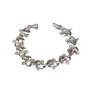 Vintage Signed Pennino Blue Rhinestone Heart Leaf Bracelet - Picture 1 of 5