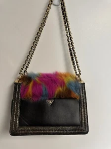 Sam Edelman Tasche Handtasche schwarz Leder gold bunt Fell Schulter 18" Y2K Cosplay - Bild 1 von 12