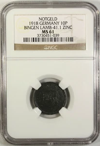 Germany 10 Pfennig 1918 NGC MS 61 UNC Zinc Bingen Lamb-41.1 Notgeld - Picture 1 of 4