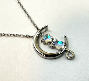 Sterling Silver 925 Cat on Moon Pendant Necklace 16" Fashion Jewelry - Picture 1 of 12