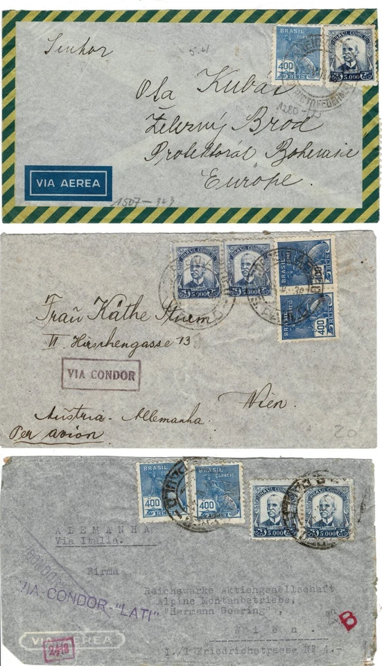 Condor Mail Lati  Brazil to Europe WWII Period 3 Covers 2 Censored - Image 1 of 3