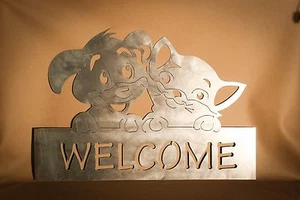 Adorabile insegna di benvenuto cane e gatto taglio plasma metallo arte da parete da appendere decorazione casa - Foto 1 di 1