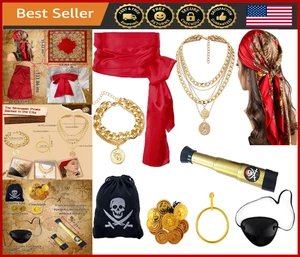 Pirate Costume Set 9PCS Men Women Bandana Scarf Sash Belt Jewelry Coins - Picture 1 of 8