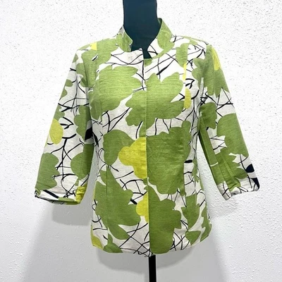 SilkLand Green and Yellow Leaf Print Button Down Open Jacket M - Image 1 of 4