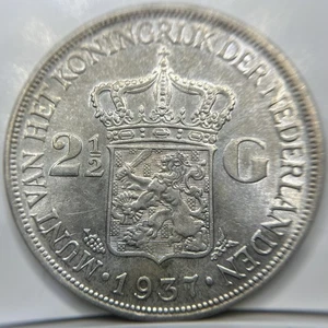 1937 Netherlands 2 1/2 Gulden Silver Coin - Very Fine - Wilhelmina - Picture 1 of 2