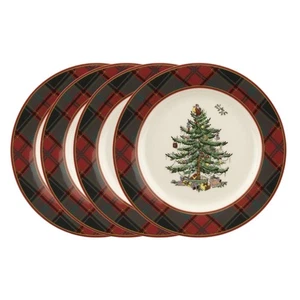 Spode Christmas Tree Tartan Salad Plate (Set of 4) 7.75" Earthenware Plates NEW - Picture 1 of 12