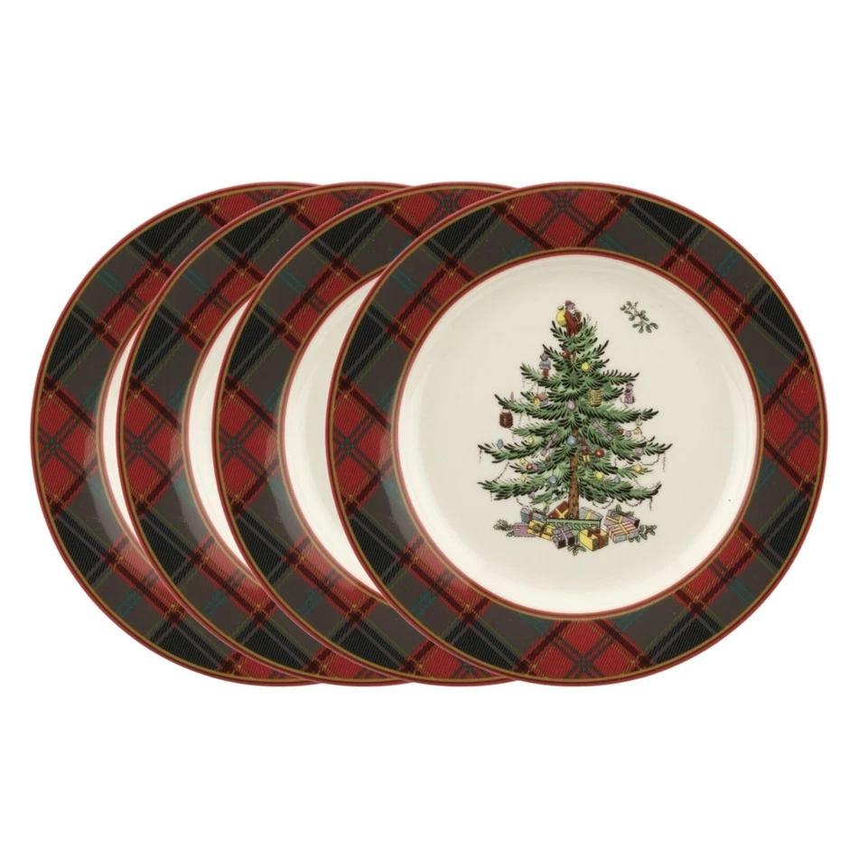 6) Spode Christmas Tree Tartan Salad Plate 7.75" Holiday Set of 6