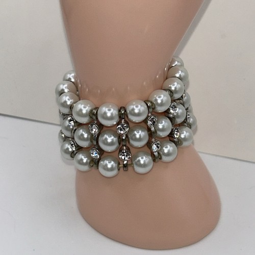 OFF WHITE Bracciale Elastico Vintage Crema Bianco Vetro Perla Multifilo Cristallo