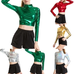 Women Mock Neck Tops Dance Club Long Sleeve Mock Neck Women Faux Leather Shiny - Picture 1 of 32