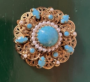 Vintage Gold Tone Brooch Pin Faux Turquoise & Pearl - Picture 1 of 3