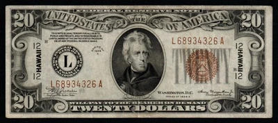 1934A $20 CRISP VF+/XF HAWAII WWII Emergency Issue Federal Reserve Note! - Image 1 of 2