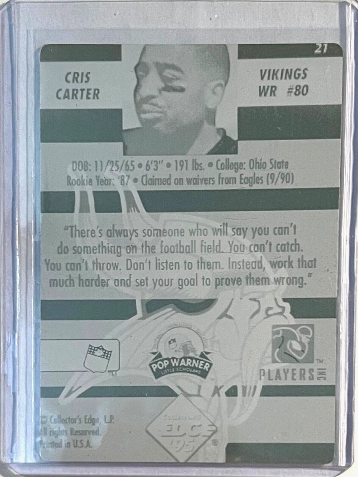 1/1 CRIS CARTER 1995 COLECCIONISTAS BORDE TARJETA IMPRESIÓN PRENSA PLACA MINNESOTA VIKINGOS Foto 1 de 2