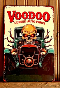 VOODOO CURSED AUTO PARTS TIN SIGN RAT ROD SKULL 8x12" DISTRESSED SIGN GARAGE ART - Picture 1 of 2