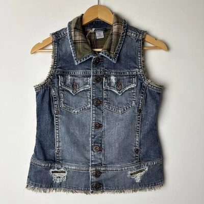 Chaleco de mezclilla Silver Jeans Co Beconi desgastado a cuadros grunge Y2K vaquera occidental M Foto 1 de 4