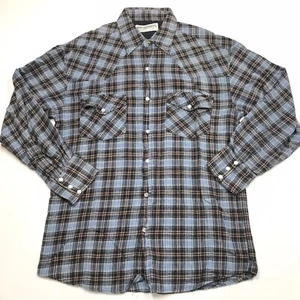 Vintage WILDERNESS Flannel Shirt Men's M Blue Western Plaid Pearl Snap Cowboy - Picture 1 of 16