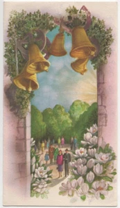 Tarjeta de Pascua vintage con campanas de mediados de siglo escena de iglesia plegada francesa línea de sol - Imagen 1 de 3
