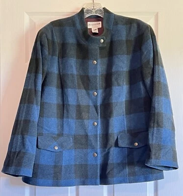 Vintage Pendleton Women’s Snap Wool Jacket Blue Black Buffalo Check Lined Large - Image 1 of 4