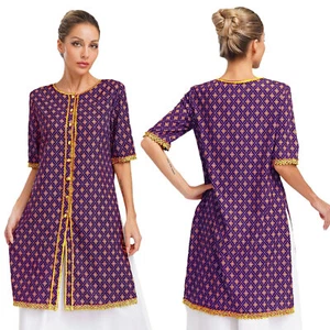 Women Tunic Wedding Dress Elegance Costume Print Gold Trim Modern Half Sleeve - Picture 1 of 55
