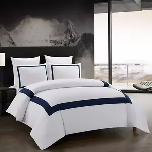 Hotel Duvet Cover Set Queen Size 3Pcs Microfiber Navy Line Pattern Bedding Colle - Picture 1 of 9
