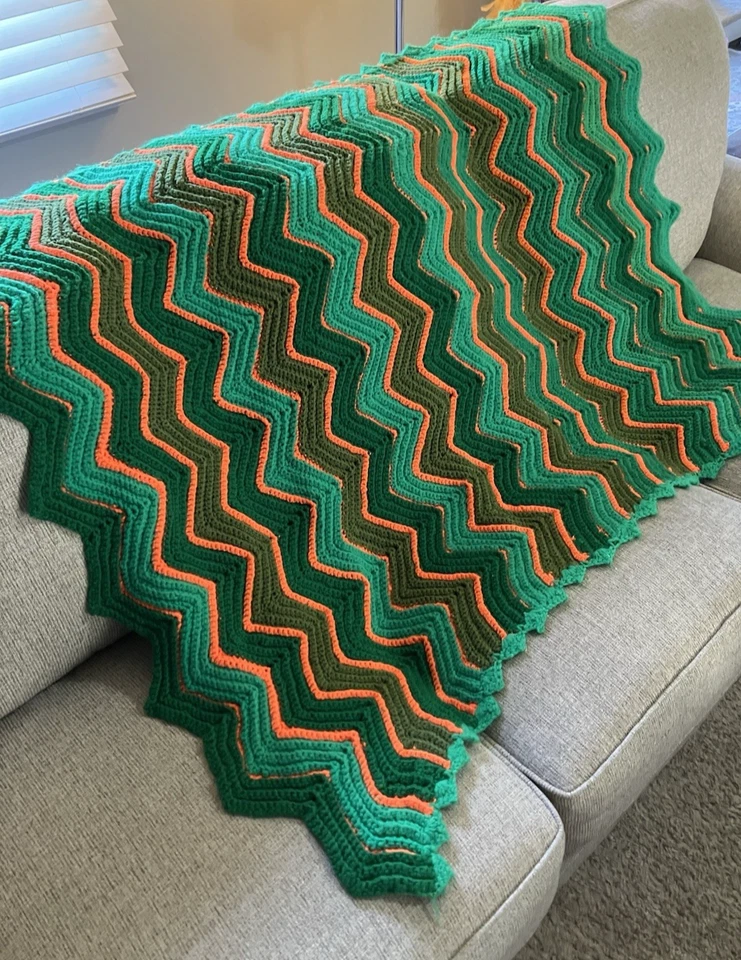 Manta afgana de ganchillo hecha a mano naranja y verde Chevron 40x56 Foto 1 de 4