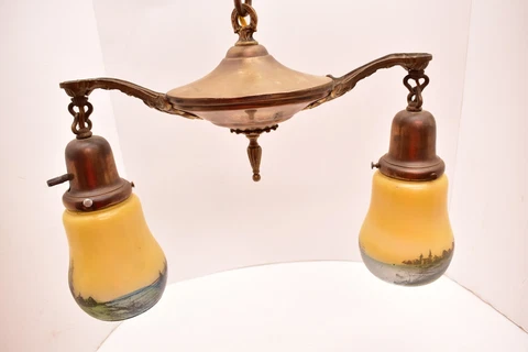 ART DECO ATQ Ceiling Light Fixture hanging Nouveau chandelier Painted shades VTG Cover