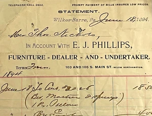 Vintage Billhead Wilkes-Barre Pennsylvania E.J. Phillips Undertaker Signed 1894 - Picture 1 of 3